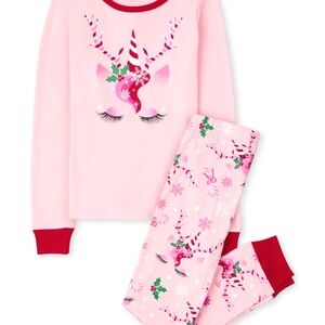 The Children's Place Pink Unicorn Holiday Pajama Set with Red Accents